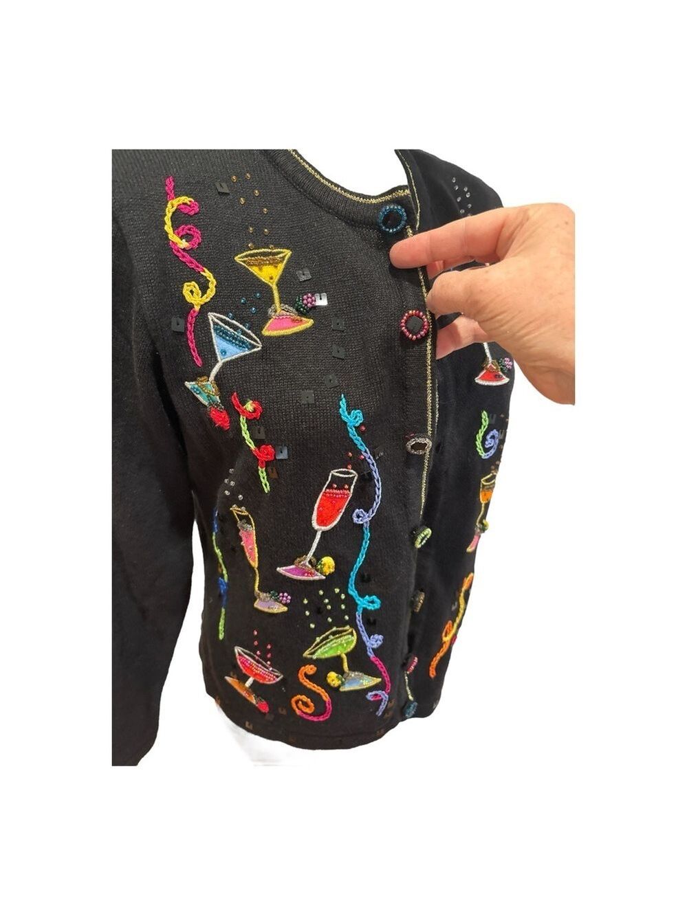 80s BERER 2 BLACK & MULTI-COLOR COCKTAILS HOUR W STREAMERS CARDIGAN SWEATER SZ S - Picture 5 of 12